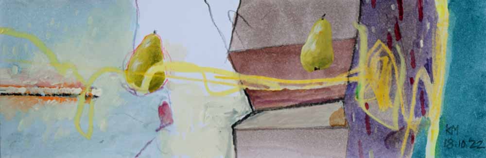 Birnen, 18.10.2022, Gouache, Acryl, Farbstift auf Papier, 7 x 21 cm