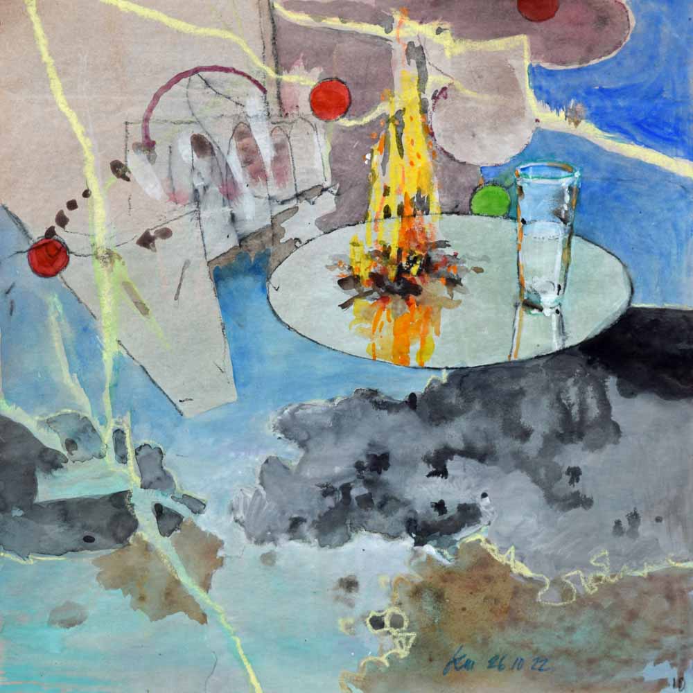 Feuer/Wasser, 26.10.2022, Gouache, Acryl, Farbstift auf Papier, 24 x 24 cm