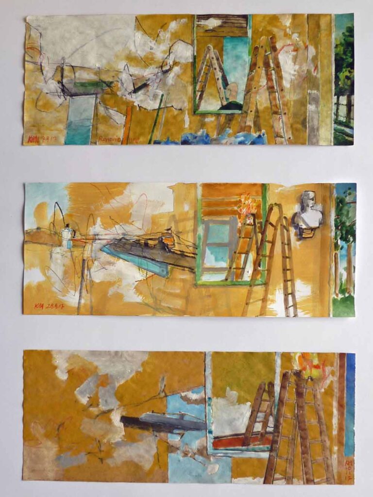Klaus Moellers, 3 Skizzen zu "Flur", 07.09.,29.09.,10.11.2017, Acryl, Gouache und Farbstift auf Papier, 12,0, x 30,0 cm